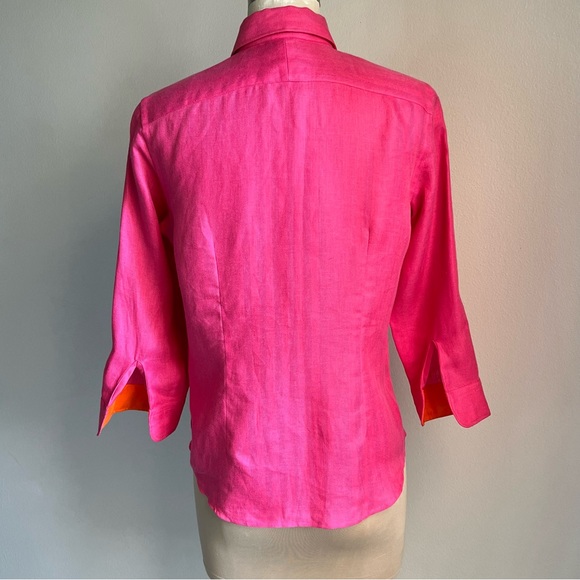 Ralph Lauren Petite Small Embroidered Crest Linen Women’s Shirt Fuchsia Pink - Picture 2 of 16